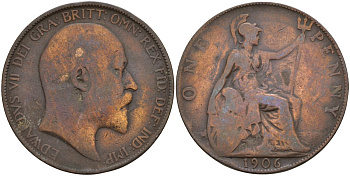 Великобритания 1 пенни 1906 Эдуард VII (1901-1910) KM 794.2, Sp 3990 бронза 4394-141