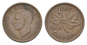Канада 1 цент 1941 Георг VI (1936-1952), кленовый лист KM 32 бронза 4630-514