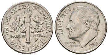США 10 центов (дайм) 1995 P, президент Рузвельт KM 195a медь плакированная медно-никелем UNC 218-157