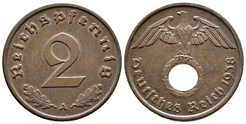 Германия 2 рейхспфеннига 1938 A KM 90, J. 362 бронза 176-917