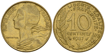 Франция 10 сантимов 1987 тип Marianne KM 929 алюминиевая бронза 4391-324