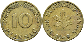 ФРГ 10 ПФЕННИГОВ 1949 G КМ 103 J.378 сталь плакированная бронзой 54-2211