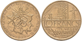 Франция 10 франков 1977 тип Матье KM 940, Le Franc 365.9-10 никель латунь 4394-431