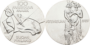 Финляндия 100 марок 1989 Центральный художественный музей Атенеум, лось KM 75 серебро UNC 1525-1332