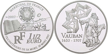 Франция 1 1/2 евро 2007 300 лет со дня смерти военного инженера Себастьена де Вобана KM 1462 серебро PROOF 02-040-32