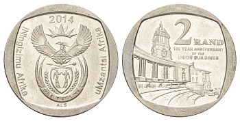 ЮАР 2 ранда 2014 100 лет Зданию Союза медь плакированная никелем aUNC 4628-341