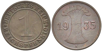 ГЕРМАНИЯ 1 РЕЙХСПФЕННИГ 1935 E KM 37, J. 313, Weege 2 бронза 206-849