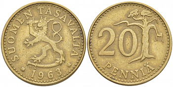 ФИНЛЯНДИЯ 20 ПЕННИ 1963 S ПЕРВЫЙ ГОД KM 47 алюминиевая бронза 3718-1216