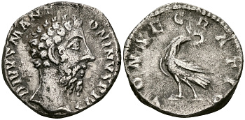 Римская Империя денарий 180 Марк Аврелий CONSECRATIO (посмертная чеканка) Рим Good Very fine RIC 267 серебро 1073-4-7-6