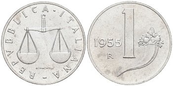 Италия 1 лира 1955 R, весы KM 91 алюминий  UNC  4594-632