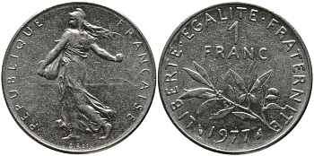ФРАНЦИЯ 1 ФРАНК 1977 СЕЯТЕЛЬ KM 925.1, LE FRANC 226.22 никель 98-345