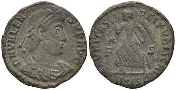 Римская Империя нуммий 367 - 375 Валент, SECVRITAS REIPVBLICAE, Сисция RIC 15b бронза 1073-17-76