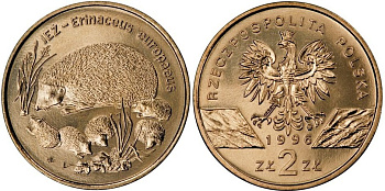 Польша 2 злотых 1996 MW, серия сохраним природу, еж с ежатами KM 311 нордик  UNC  1526-111