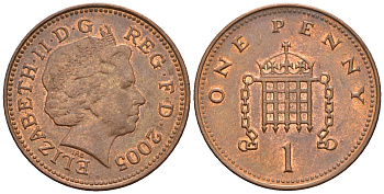 Великобритания 1 пенни 2005 Елизавета II (1952-2022) KM 986, Spink 4710 (B5) сталь плакированная медью 4609-623