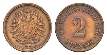 Германия 2 пфеннига 1876 A, Вильгельм II (1888-1918) KM 2, J. 2, Weege 3 медь 4639-1167