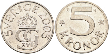 Швеция 5 крон 2005 H, Карл XVI Густав (1973- ) KM 853a никель плакированная медно-никелем 4367-1143