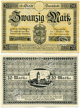 Германия, Дармштадт 20 марок 1918 - 1919 1 октября 1918 - 1 Февраля 1919, нотгельд, земля Гессен, водяной знак перепечатка, № номер снежинка, с перфорацией Geiger 092.09а  бумага  UNC (пресс) 8613-33-2-1