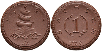 Саксония 1 марка 1921 парусник J. N 55 фарфор 1094-4-55