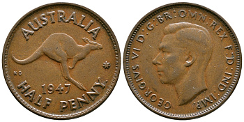 АВСТРАЛИЯ 1/2 ПЕННИ 1947 ГЕОРГ VI KM 41 бронза 4384-1211