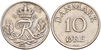 Дания 10 эре 1951 N; S, Фредерик IX (1947-1972) KM 841 медно-никель 4594-425