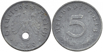 ГЕРМАНИЯ 5 РЕЙХСПФЕННИГОВ 1940 A, KM 100, J. 370 цинк 3996-1131