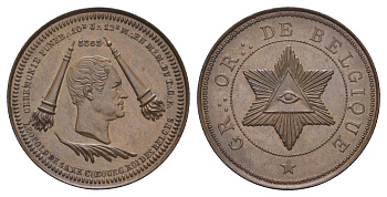 Бельгия медаль в память о Леопольде I 1865 Траурная церемония на Большом Востоке Бельгии в память о Леопольде I, масонкий знак, диаметр 30 мм, вес 10,04 гр бронза UNC 1516-735