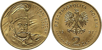 Польша 2 злотых 1997 MW, Стефан Баторий (1575-1586) KM 350 нордик  UNC  1526-125