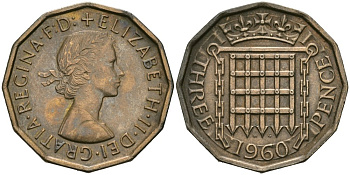 Великобритания 3 пенса 1960 Елизавета II (1952-2022) KM 900, Spink 4153 никель латунь aUNC 4579-157