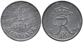ДАНИЯ 1 ЭРЕ 1963 C; S, ФРЕДЕРИК IX (1947-1972) KM 839.2 цинк UNC 100-657