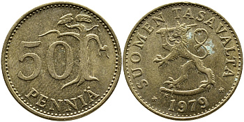 ФИНЛЯНДИЯ 50 ПЕННИ 1979 К KM 48 алюминиевая бронза 4382-1056