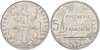 Французская Новая Каледония 5 франков 2006 птица кагу, (IEOM) KM 16, Schoen 12, Lec 81k алюминий 215-111