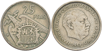 Испания 25 песет 1957 (64) Франсиско Франко (1939-1975) KM 787 медно-никель 216-657