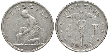 Бельгия 1 франк 1923 Belgie, Альберт I (1909-1934) KM 90 никель 51-1122
