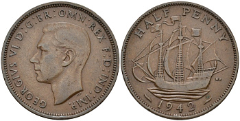 Великобритания 1/2 пенни 1942 Георг VI (1936-1952) KM 844, Spink 4115 бронза 190-713