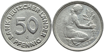 ФРГ 50 пфеннигов 1949 J KM 104, J. 379 медно-никель 4392-1025