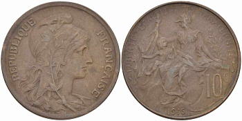 ФРАНЦИЯ 10 САНТИМОВ 1916 ТИП ДАНИЭЛЬ ДЮПЮИ, INCLUS KM 843, LA FRANC 136.28 бронза 109-413