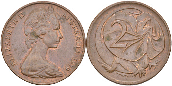 Австралия 2 цента 1979 Елизавета II (1952-2022), плащеносная ящерица (FRILLED LIZARD)  KM 63 бронза 175-1017