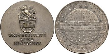 Австрия медаль 1951 серия университет Инсбрука, открытия 1951 года, медальер Kolblinger, диаметр 40 мм., серебрение бронза 4552-223