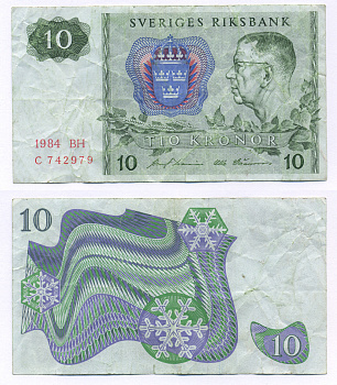 ШВЕЦИЯ 10 КРОН 1984 СЕРИЯ BH, ГУСТАВ VI АДОЛЬФ Pick 52е бумага 6266-4-4-1