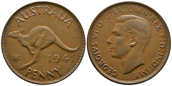 Австралия 1 пенни 1941 KG, Георг VI (1936-1952), кенгуру KM 36 бронза 4557-926