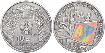 Польша 10 злотых 2004 MW, 100 лет академии изящных искусств, цветная эмаль KM 510 серебро PROOF 1087-8-54