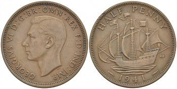 Великобритания 1/2 пенни 1941 Георг VI (1936-1952) KM 844, Spink 4115 бронза 212-1215