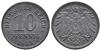 Германия 10 пфеннигов 1921  KM 26 J. 299 цинк  4610-823