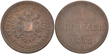 Австрия 1 крейцер 1851 B, Франц Иосиф I (1848-1916) KM 2185 медь 4586-452