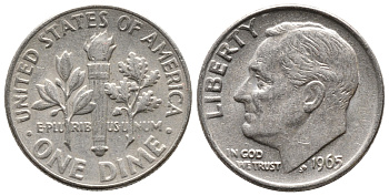 США 10 ЦЕНТОВ = 1 ДАЙМ 1965 РУЗВЕЛЬТ KM 195а медь плакированная медно-никелем 73-167