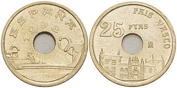 ИСПАНИЯ 25 ПЕСЕТ 1993 СТРАНА БАСКОВ (PAIS VASCO), ХУАН КАРЛОС I (1975-) KM 920 никель бронза 213-214