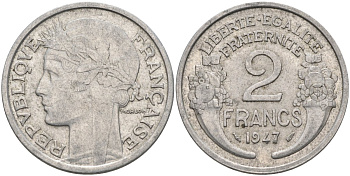 Франция 2 франка 1947 тип Morlon KM 886a.1, Le Frank 369.10 алюминий 4116-1146
