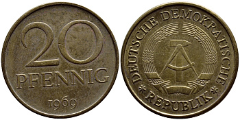 ГДР 20 пфеннигов 1969 А, первый год KM 11 латунь UNC 54-1334