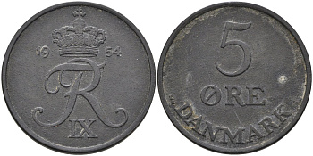 Дания 5 эре 1954 Фредерик IX (1947-1972) KM 843 цинк 88-1243