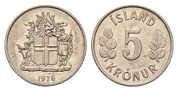 Исландия 5 крон 1976 KM 18 медно-никель UNC 188-912
